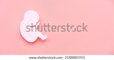Paper silhouette of a human embryo on a lilac background. The concept of reproduction. Banner, flat lay, place for text. Royalty-Free Stock Photo #2188881955