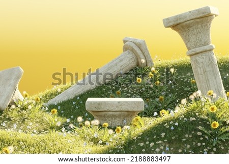 Exhibition stand, podium in the form of classic Greek Ionic pillars. Grass hills and yellow flower background. 3d render illustration for advertising goods, products, expansions. Royalty-Free Stock Photo #2188883497