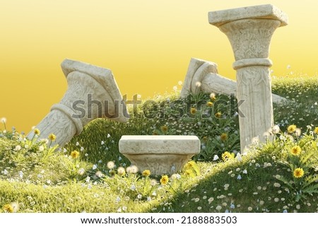 Exhibition stand, podium in the form of classic Greek Ionic pillars. Grass hills and yellow flower background. 3d render illustration for advertising goods, products, expansions.