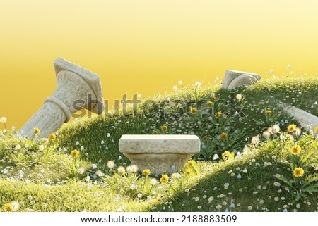 Exhibition stand, podium in the form of classic Greek Ionic pillars. Grass hills and yellow flower background. 3d render illustration for advertising goods, products, expansions.