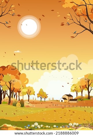 Autumn landscape of farm field with orange sky,Wonderland of Mid Autumn in countryside with cloud sky and Sun,Mountain,grass land in Orange foliage,Vector banner for fall season or Autumnal background Royalty-Free Stock Photo #2188886009