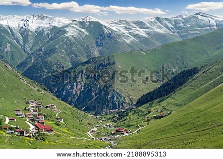 View over the mountain villages in the highlands of the town Uzungol in the Black Sea region of Turkey