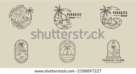 set of palm tree logo line art vector simple minimalist illustration template icon graphic design. bundle collection of various island and beach sign or symbol for travel adventure outdoors business