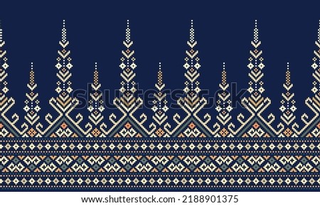 Cross Stitch Embroidery. Ethnic Patterns. Native Style. Traditional Design for texture, textile, fabric, clothing, Knitwear, print. Geometric Pixel Horizontal Seamless Vector. Blue, White, Dark Green.