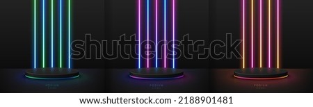 Set of realistic black 3D cylinder pedestal podium with red, pink, blue, yellow glowing vertical light neon background. Abstract minimal scene. Mockup products, Stage showcase, Vector geometric forms.