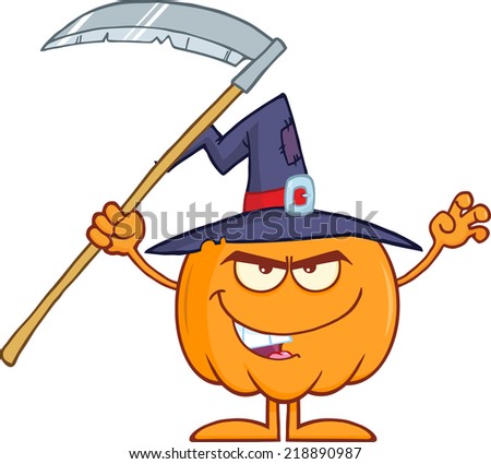 Scaring Halloween Pumpkin With A Witch Hat And Scythe Cartoon Mascot Character. Raster Illustration