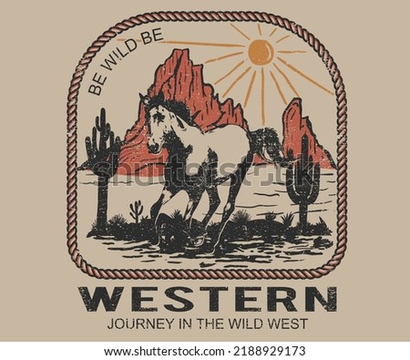 Desert horse vector design.  Cactus graphic print illustration.  American wild west desert with cowboy. hand sketch illustration.