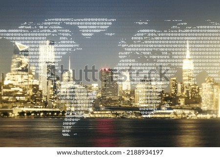 Multi exposure of abstract creative digital world map hologram on New York city skyscrapers background, research and analytics concept