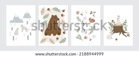 Set of hand drawn cards and posters with forest animals and plants. Cute Scandinavian illustration with wild animals and woods. Childish art for nursery design and prints. Charming woodland animals