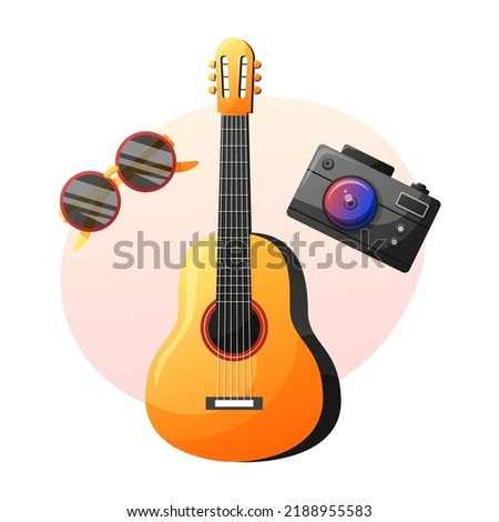 Travel elements vector cartoon illustration. Guitar, sun glasses and photo cmera flat lay concept.