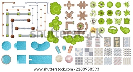 Architectural elements top view for landscape design. Set of outdoor furniture, fence, trees, swim pool and tile path for project, plan, map, yard. Kit of vector objects: benches, plants and tile. Royalty-Free Stock Photo #2188958593