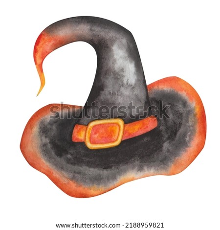 Watercolor illustration of hand painted witch, wizard, woman long hat of black, orange colors like fire with yellow buckle, crooked end. Isolated clip art for Halloween cards, packaging paper, prints