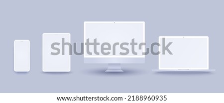 White computer and phone mockup set with desktop, laptop and tablet. Realistic clay electronic device set in front view, pc screen, open notebook, pad and mobile display isolated on grey background. Royalty-Free Stock Photo #2188960935