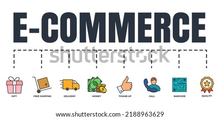 E commerce banner web icon set. money, call, barcode, thumb up, gift, quality, delivery truck, free shipping vector illustration concept.