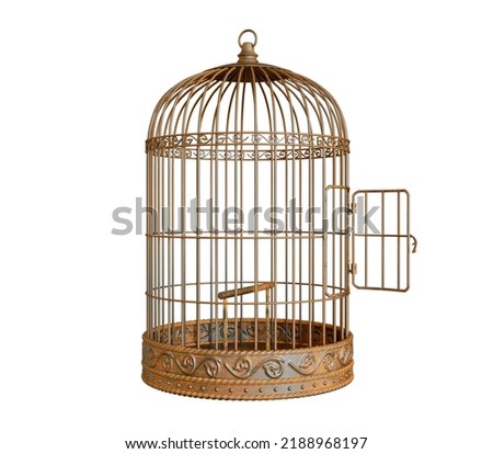 Vintage metal bird cage with door open isolated on white background Royalty-Free Stock Photo #2188968197
