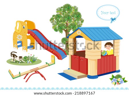 Playground. Seesaw, slider and house.