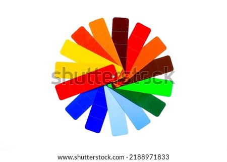 Colored samples of different papers on isolated white background. Color guide samples rainbow. Color trend palette,