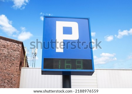 electronic sign of free parking spaces. Shopping Mall Public Car Parking Lot Sign with Parking Space Availability Indicator and Green LED Counter