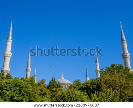 Minarets and dome of the Blue Mosque on a sunny summer day. Sultanahmet cami.