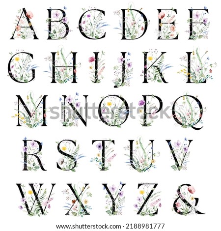 Black capital lettersJ with watercolor wildflowers and leaves bouquet isolated. Summer floral meadow Alphabet elements for wedding and greeting design