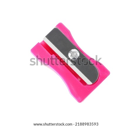 Plastic pink pencil sharpener isolated on white, top view Royalty-Free Stock Photo #2188983593