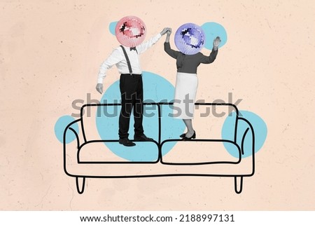 Composite collage picture of two excited people black white colors stand painted sofa hold arms dance disco ball instead head
