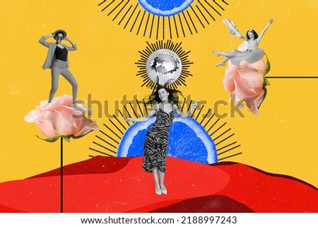 Collage 3d image of pinup pop retro sketch of funny funky ladies having fun together isolated painting background