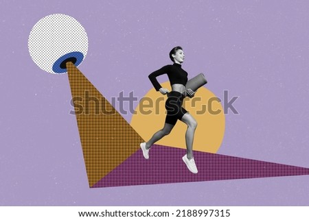 Freak collage of sporty woman run fast train pilates under hug eye leading isolated colorful background
