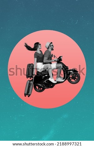 Artwork magazine picture of happy smiling husband wife going bike journey together isolated drawing background
