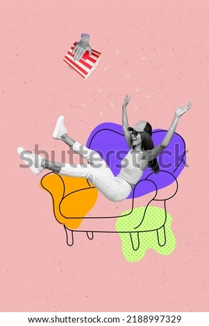 Collage 3d image of pinup pop retro sketch of funny funky lady enjoying home cinema cozy couch sofa isolated painting background