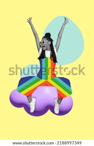 Vertical collage picture of excited positive girl black white gamma wear painted rainbow cloth sit cloud isolated on creative background