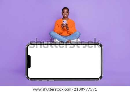 Full size photo of young pretty girl use mobile repost fast connection 4g isolated over violet color background