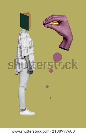 Vertical collage image of girl black white colors book instead head speak huge flying arm isolated on painted background