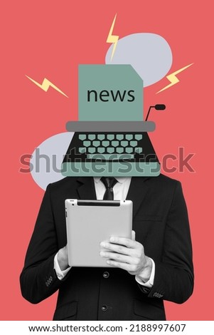 Magazine collage of manager with typewriter face write urgent ukraine war news use gadget isolated red color background