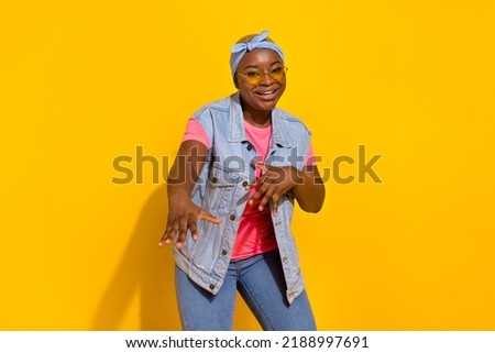 Photo of dynamic lady dancing floor enjoying free time wear stylish outfit isolated vibrant color background