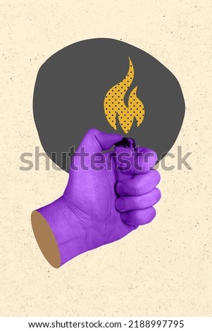 Vertical collage poster of hand light isolated on painting beige color background Royalty-Free Stock Photo #2188997795