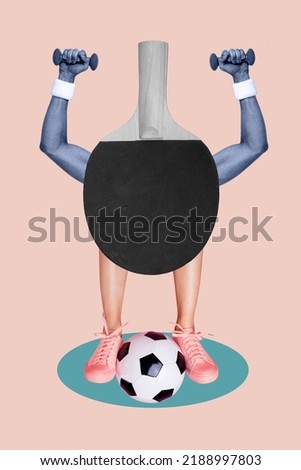 Magazine collage of unusual creature sportive do physical exercise tennis soccer power lifting isolated beige color background