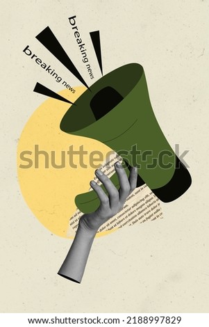 Vertical collage banner of hand with magaphone black and white isolated on drawing white color background Royalty-Free Stock Photo #2188997829