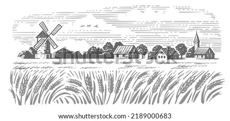 Wheat Organic Farming landscape vector. Farm and Fields with Harvest