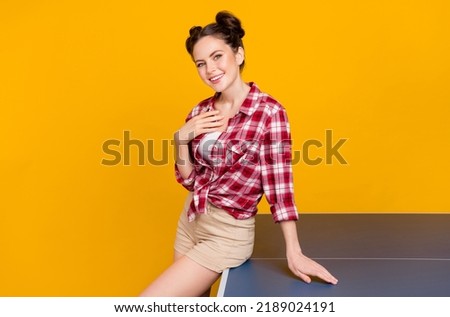 Photo of pretty lovely lady sit on table tennis court wait for tournament isolated vibrant color background