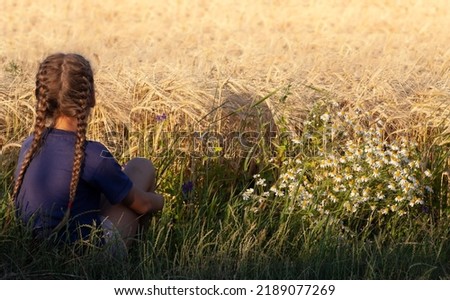 A girl with pigtails sits in a wheat field near daisies of flowers