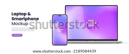 Modern laptop mockup front view and smartphone mockup high quality isolated on white background. Notebook mockup and phone device mockup for ui ux app and website presentation Stock Vector. Royalty-Free Stock Photo #2189084439