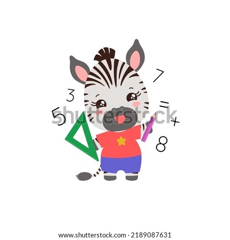 School student animal math school subject vector. Cute elementary student little animal holding triangle ruler and pencil. Mathematics learning primary education. Counting numbers studying.