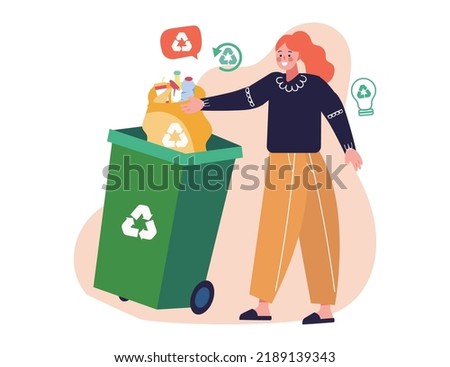 Bundle of cute funny people putting rubbish in trash bins, dumpsters or containers. happy women practicing garbage collection, sorting and recycling. Flat cartoon vector .