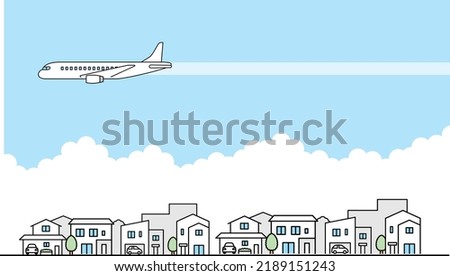 Illustration material of a residential area and a passenger plane flying in the sky.