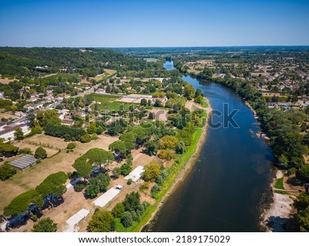 Aerial view of Sainte Foy la Grande and Dordogne river, Gironde, France
