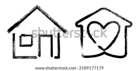 Brush stroke handdrawn style house icons vector graphic set. Sweet home sign, painted homepage web icon. Country house, family shelter. Home buildint logo set. Village building collection