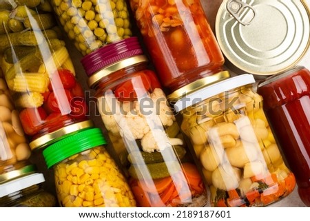 Emergency groceries food background flat lay Royalty-Free Stock Photo #2189187601