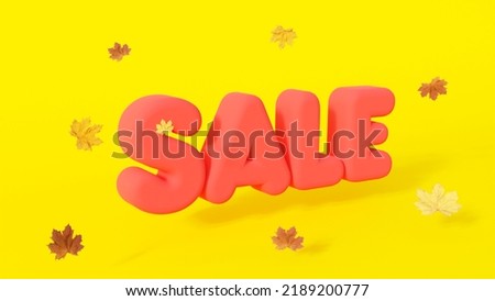 Autumn sale yellow background 3D text, maple leaves, rendering illustration