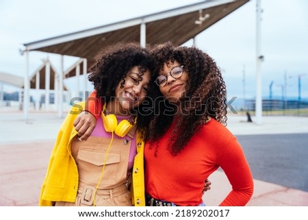 young happy women having fun outdoor , laughing and sharing good mood. Teenagers friends spending time outdoor in Barcelona Royalty-Free Stock Photo #2189202017